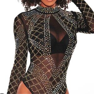 Black Rhinestone studded Mesh long sleeve bodysuit